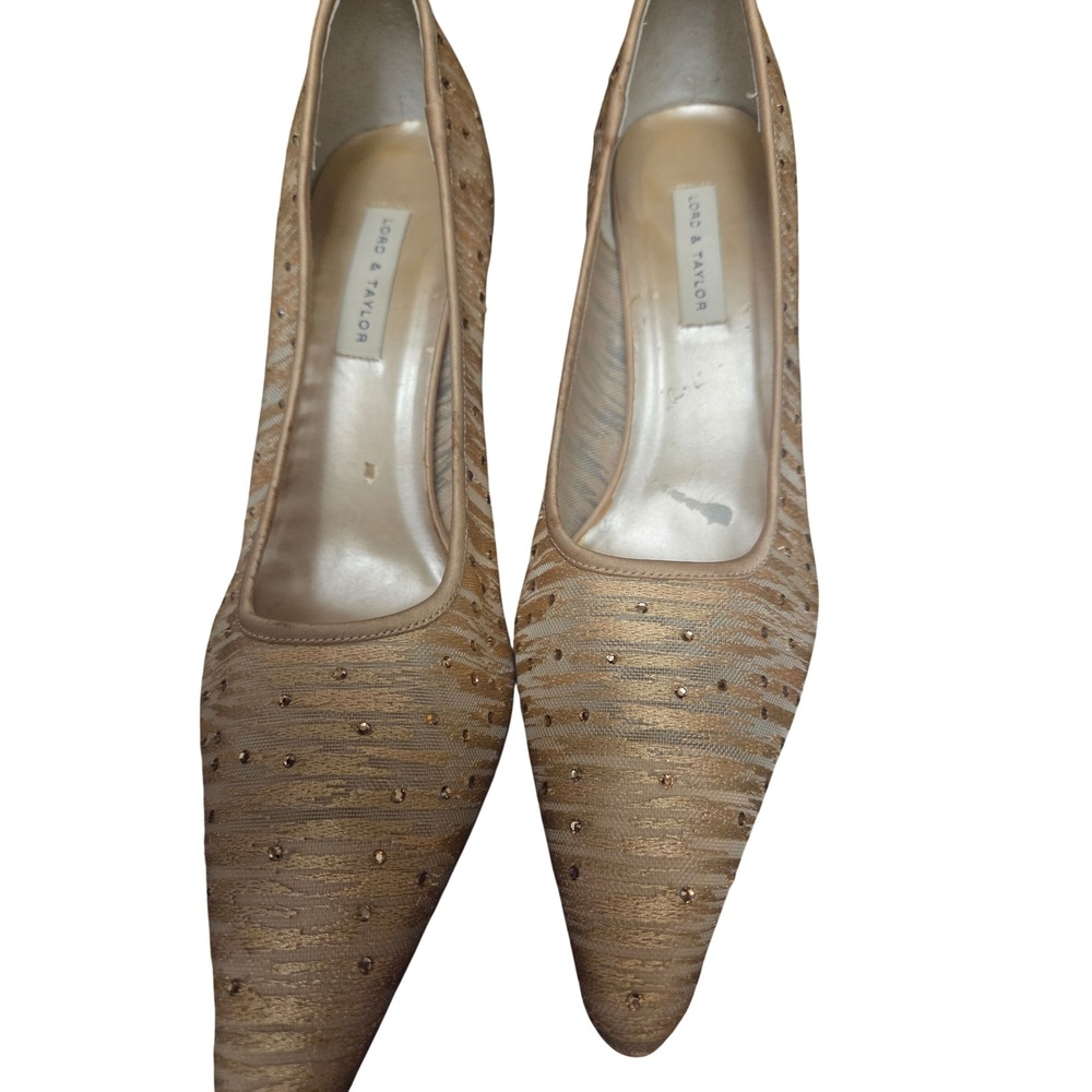 Lord & Taylor Women Champagne Gold Rhinestone Pointed Toe Pumps Heels Size 8.5M